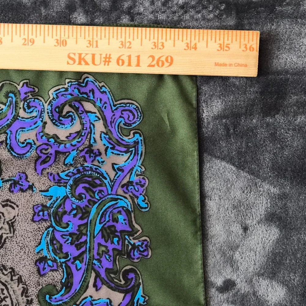 Elwin Italy Square Scarf Olive Green Paisley Scroll Print Large 34.5